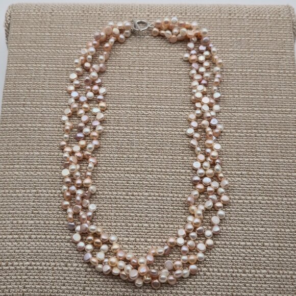 Jewelry - 17.5 Inch Sterling Silver Triple Strand Genuine Light Pearls Necklace B501